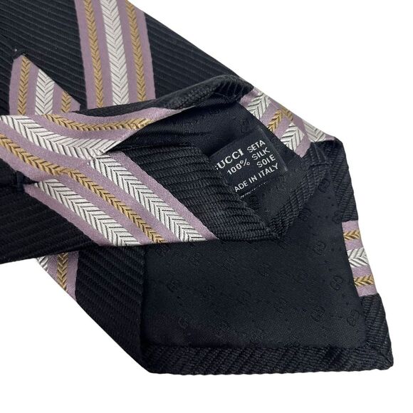 Gucci NEW Men's Tie Chevron Striped Logo Black Woven 100% Silk 3.75" (W) 58" (W) - Picture 7 of 11